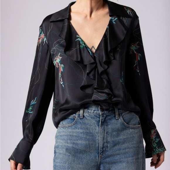 New Equipment Mathilda Floral Washed Silk Ruffle Long Sleeve Blouse Womens Small - Picture 2 of 11